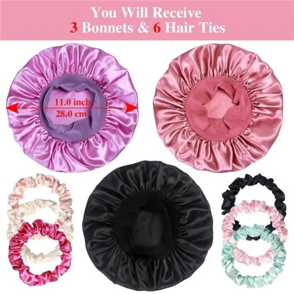 Kids Satin Sleep Bonnets–Soft Adjustable Caps with Wide Bands+6 Bonus Scrunchies